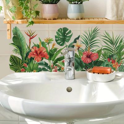 Tropical Green Plant Wall Stickers, Waterproof Wall Stickers, Turtle-back Bamboo, Hibiscus Flower Decorative Stickers