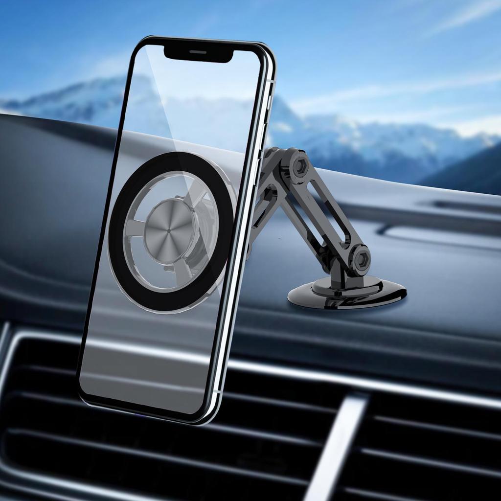 Magnetic Car Mount: Magsafe Compatible, Rotating, Retractable, Strong Suction for Dashboard Phone Navigation