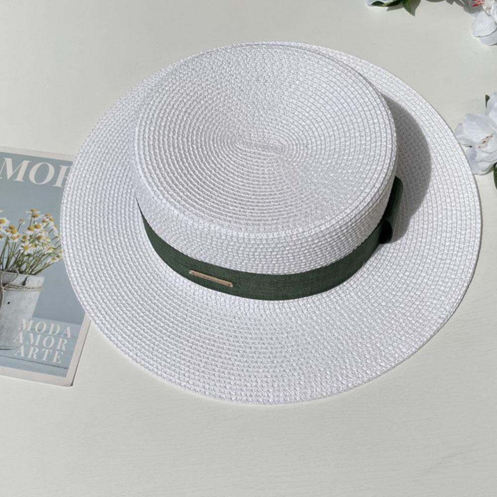 Luxury Elegant Women Summer Straw Hat Flat Top Boater Cap Folds Silk Pearl Decor Hand Weave Wide Brim Sun Hat Panama Fedora