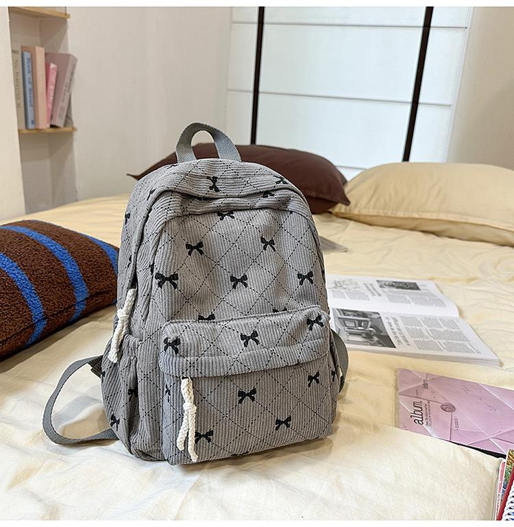 Schoolbag corduroy bow small backpack girls high value small schoolbag simple ins wind small casual backpack women