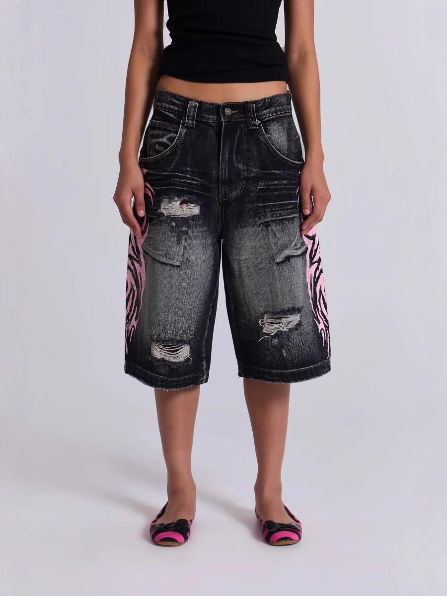 Retro American Pattern Washed Denim Wide-Leg Pants Medium