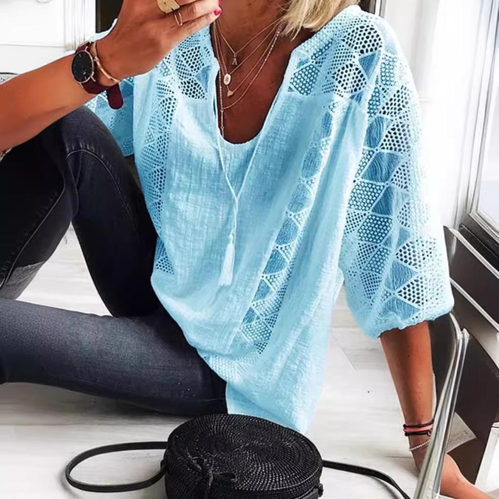 Women's V Neck Three Quarter Sleeve Loose Cotton Lace Patch Casual Blouse Top