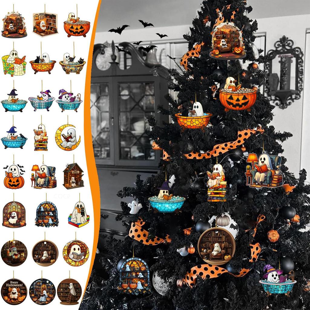 2025 Halloween Advent Calendar, 24 PCS Acrylic Ghost Reading Hanging Decorations, 2D Flat Acrylic Ghost Reading Hanging Ornament, Countdown Decor
