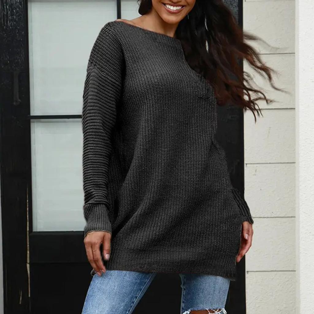 Women's Winter Loose Versatile One-shoulder Solid Color Mid-length Knitted Sweater
