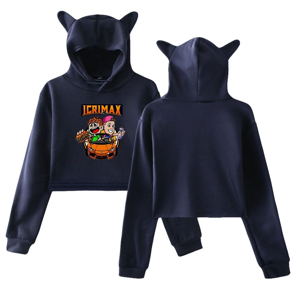 Korean Fashion Icrimax Print Kawaii Crop Top Hoodie Funny Cat Ear Cropped Short Sweatshirt Hooded Pullover Women Tops Streetwear