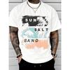 European sizes Tropical Palm Tree T-Shirt with White/Salt Blue/Sand Peach Color Block - Casual Short Sleeve Crew Neck Summer Beachwear Top