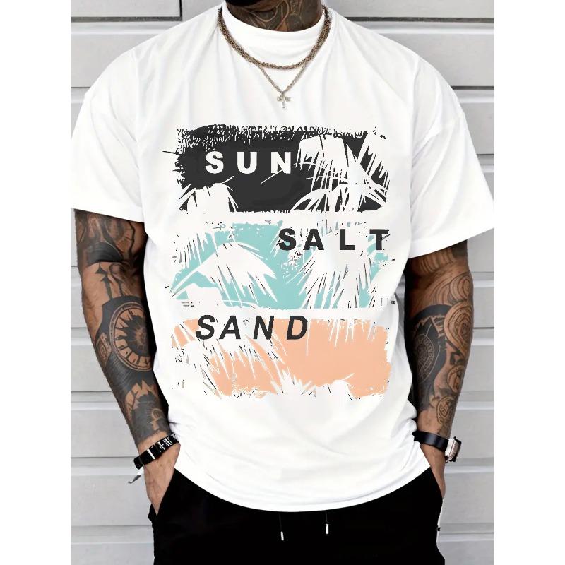 European sizes Tropical Palm Tree T-Shirt with White/Salt Blue/Sand Peach Color Block - Casual Short Sleeve Crew Neck Summer Beachwear Top