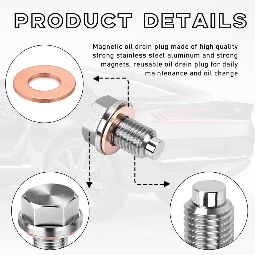 M14×1.5 Magnetic Oil Drain Plug, Aluminum Stainless Steel Sump Drain Nut Bolt with 5 Copper Crush Washer, Universal Leak-proof Replacement Car
