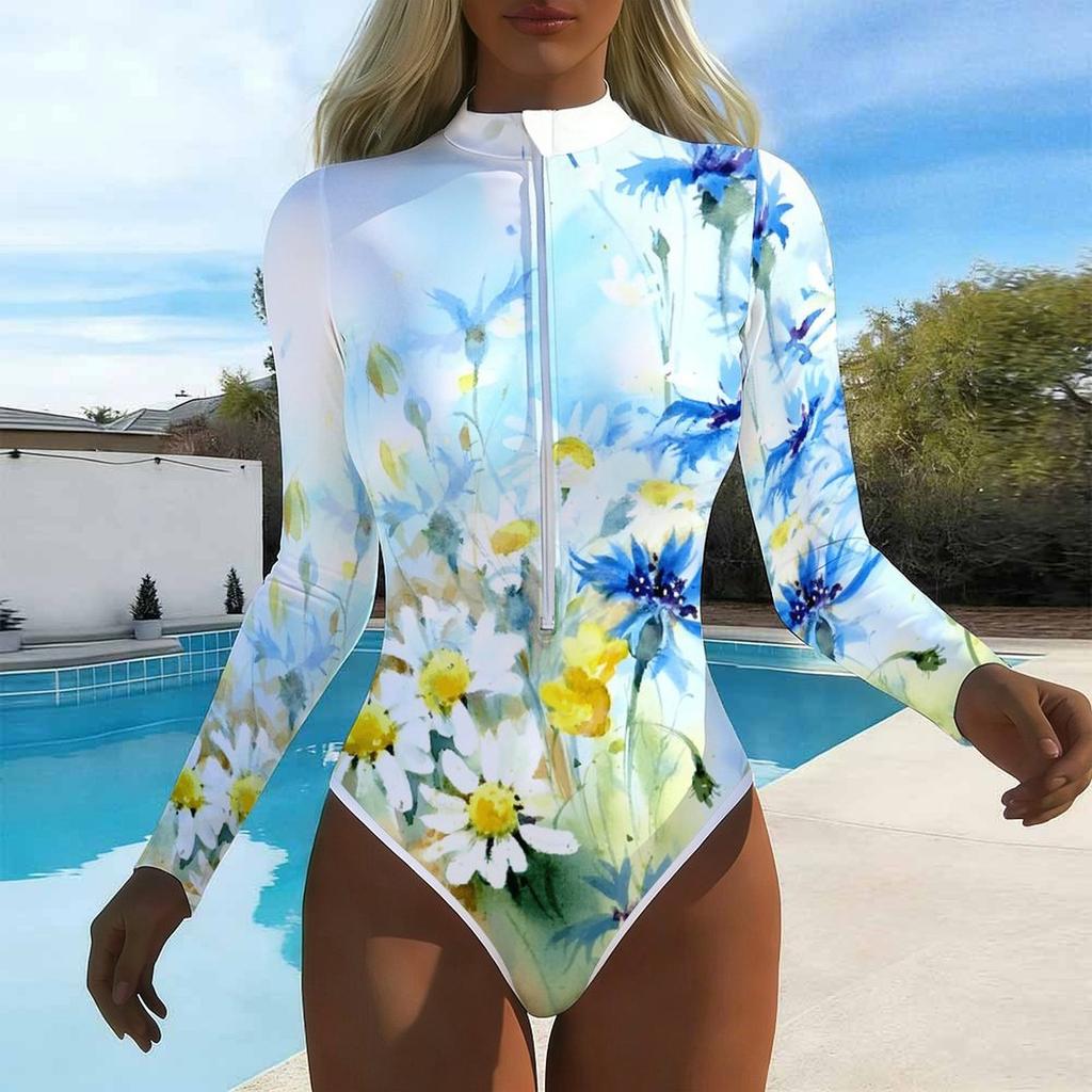Women Long Sleeve One Piece Swimsuit Zip Front Flower Print Rash Guard Surfing Bathing Suit