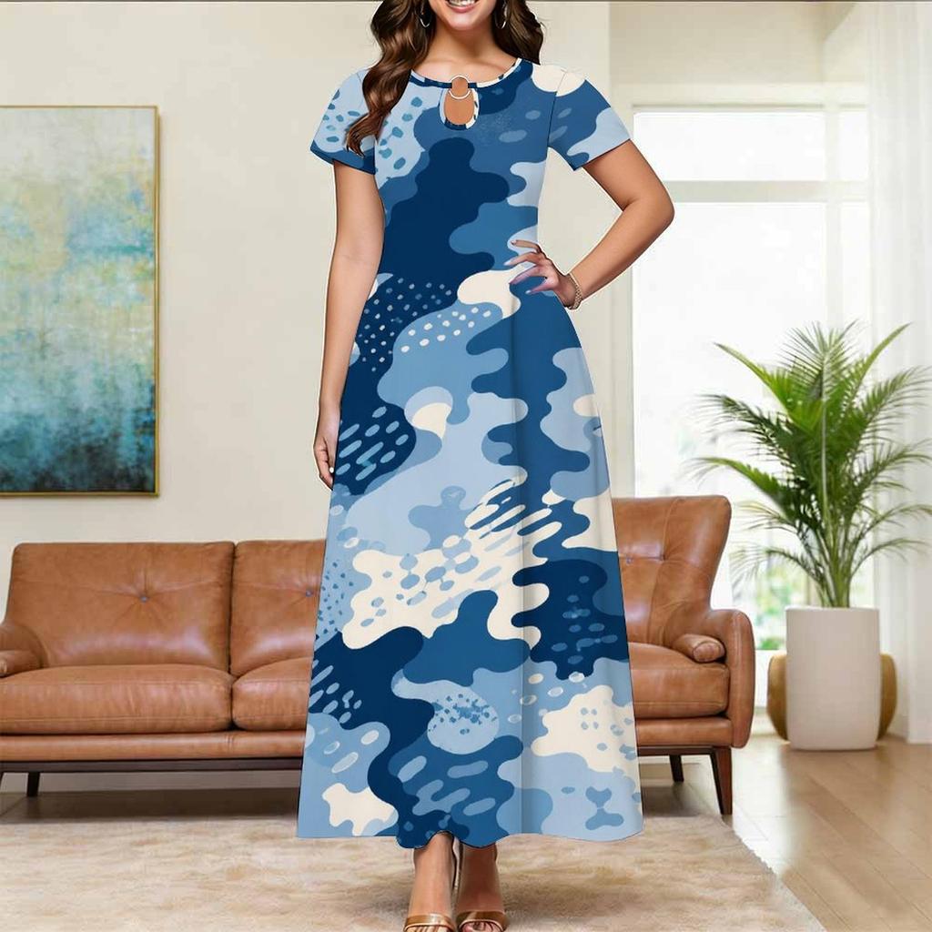 Women Plus Size Round Neck Keyhole Cutout Short Sleeve Blue Printed Maxi Dress