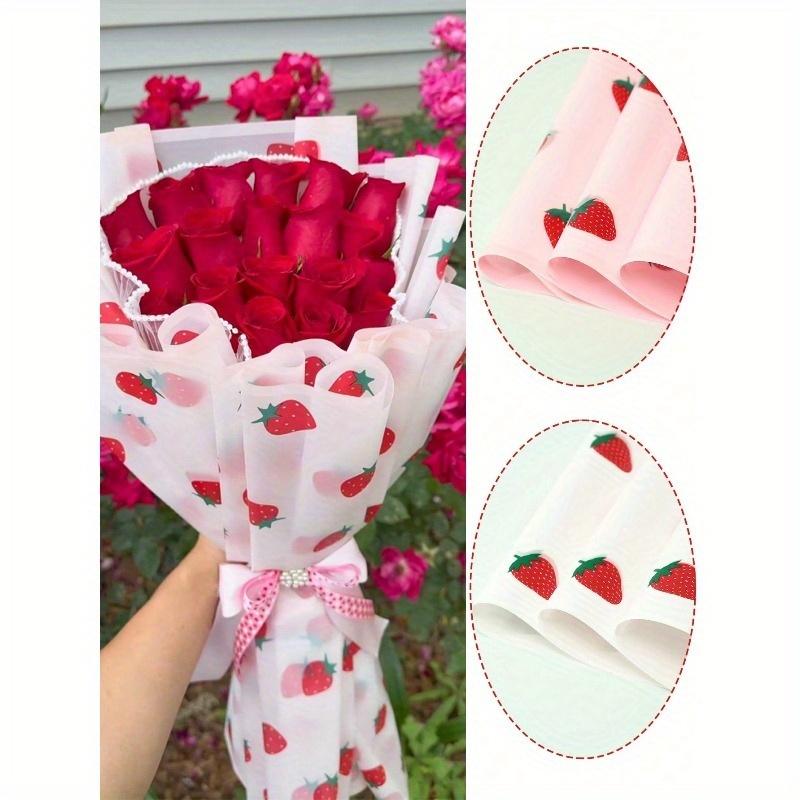 20-Pack Cartoon Strawberry Print Waterproof Floral Wrapping Paper, Semi-Transparent Bouquet Sheets for Weddings & Gifts, Back To School Valentine Day