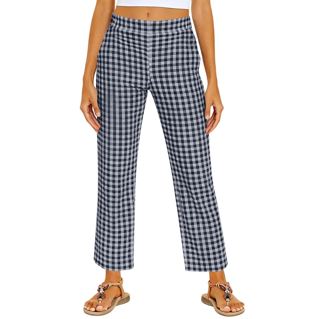 Women's Fashionable Checkered Elastic Waist Straight Leg Casual Pants