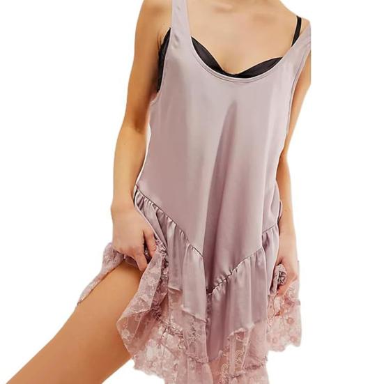 Damekjole Gjennomsiktig blonderpatchwork U-hals Plissert blomsterbroderi Løs ermeløs ensfarget damevestkjole