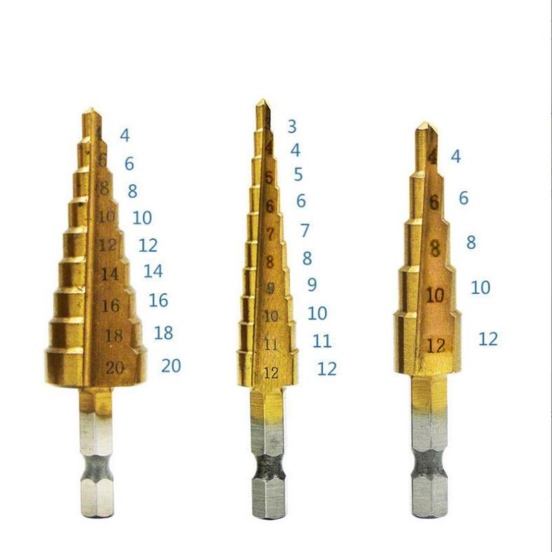 HSS Titanový stupňovitý vrták Kónický stupňovitý vrták na kov Dřevo Vysokorychlostní stupňovitá sada vrtáků Elektrické nářadí 3-12 4-12 4-20 4-32mm