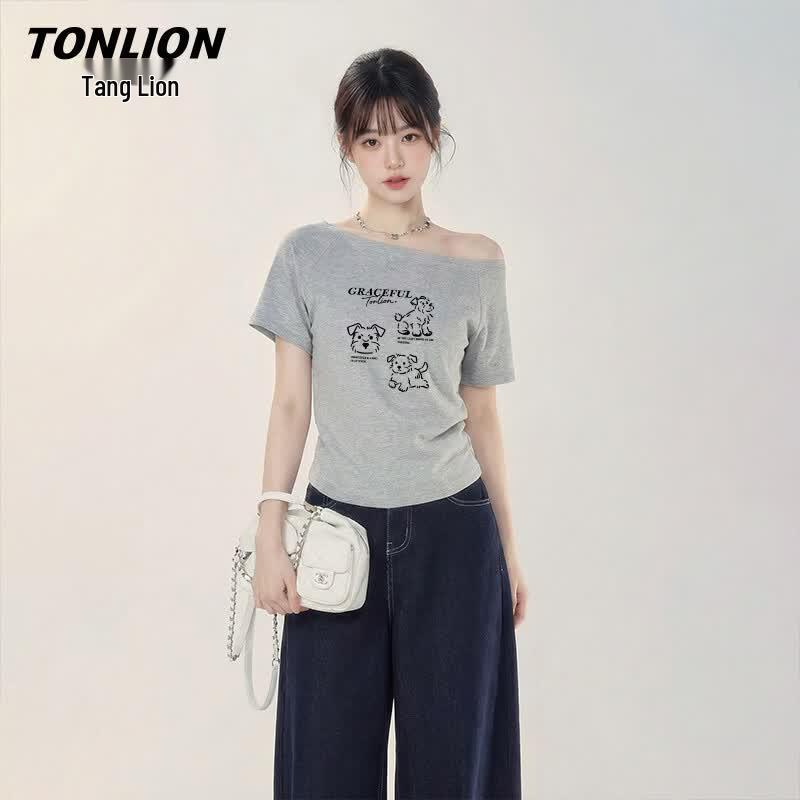 TonLion Women s Asymmetric Off-Shoulder T-Shirt with Schnauzer Print XL