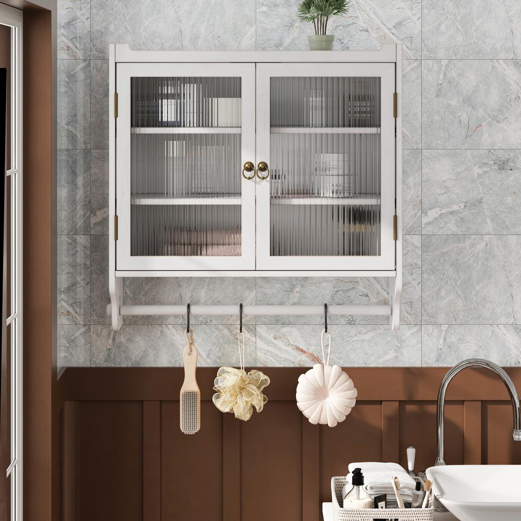 60CM Glass Door Vintage Double Door Wall Cabinet with Three Tiers of Storage with Towel Rack, for Bathroom, Kitchen,Dining Room, White Washed