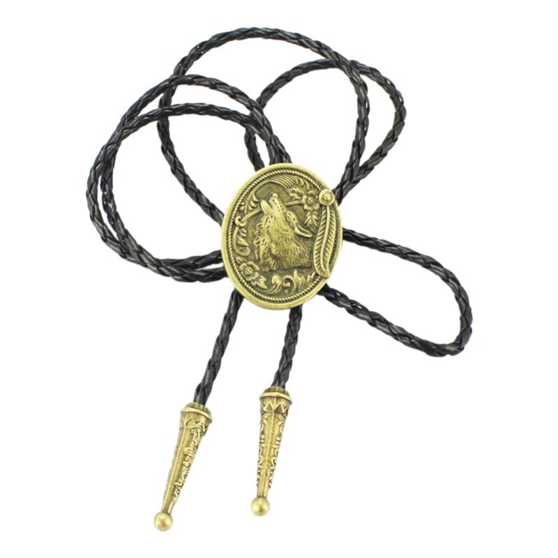 

Mens Bolo Tie Cowboy Necktie Vintage Leather Rope Necklace with Metal Wolf Head Feathered Pendant Jewelry Shirt Chain