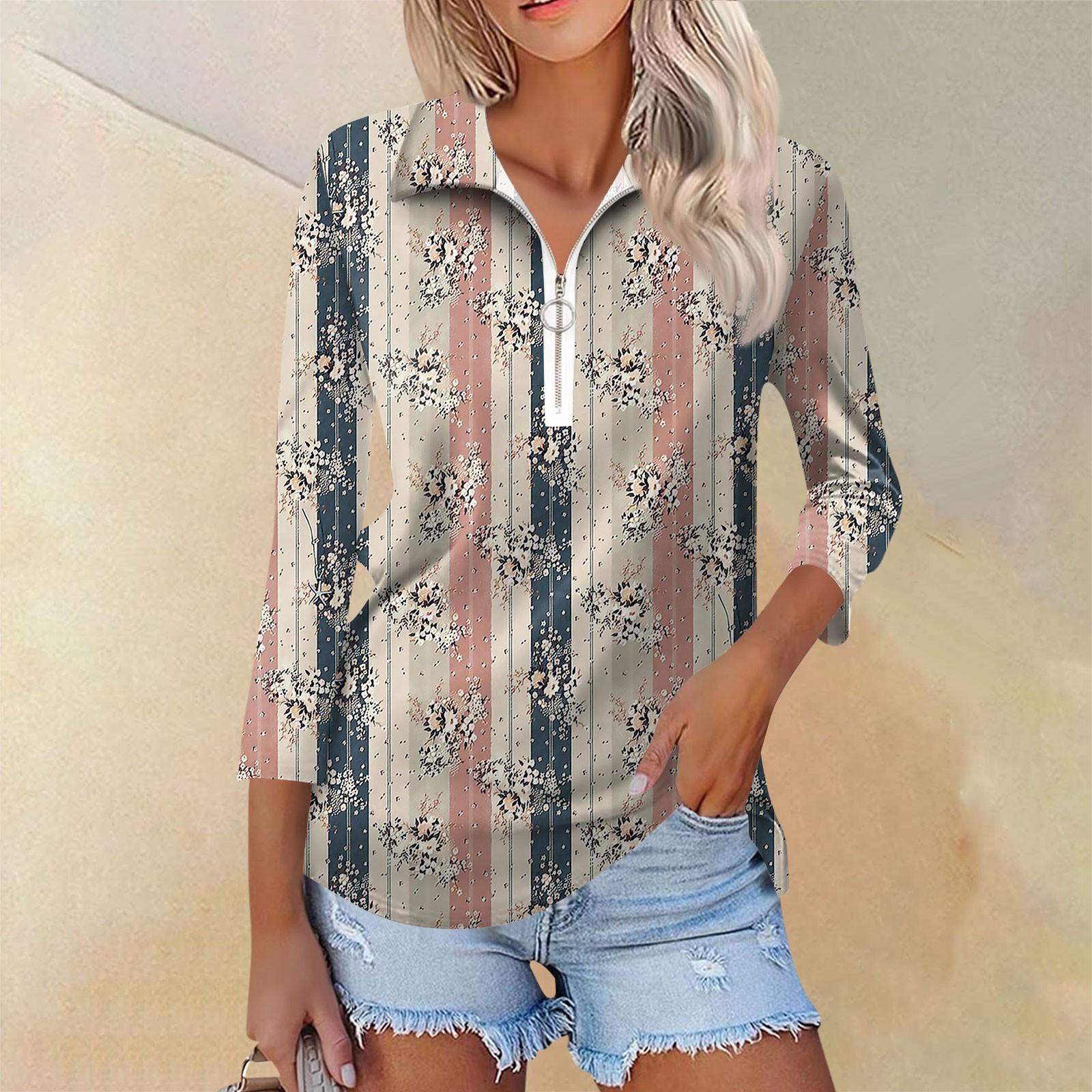 

Женская летняя модная повседневная рубашка с v-образным вырезом и семиточечным рукавом с принтом, топ M розовый