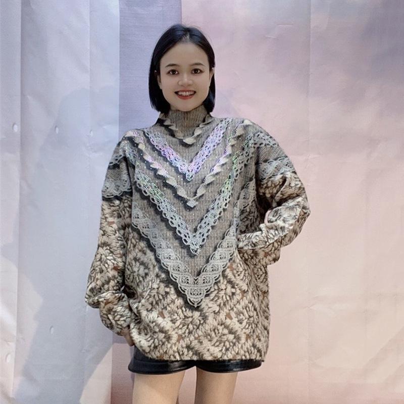Women's 2024 Retro Print Mink Velvet Sweater - Thickened Half-High Collar Knitwear for Autumn/Winter