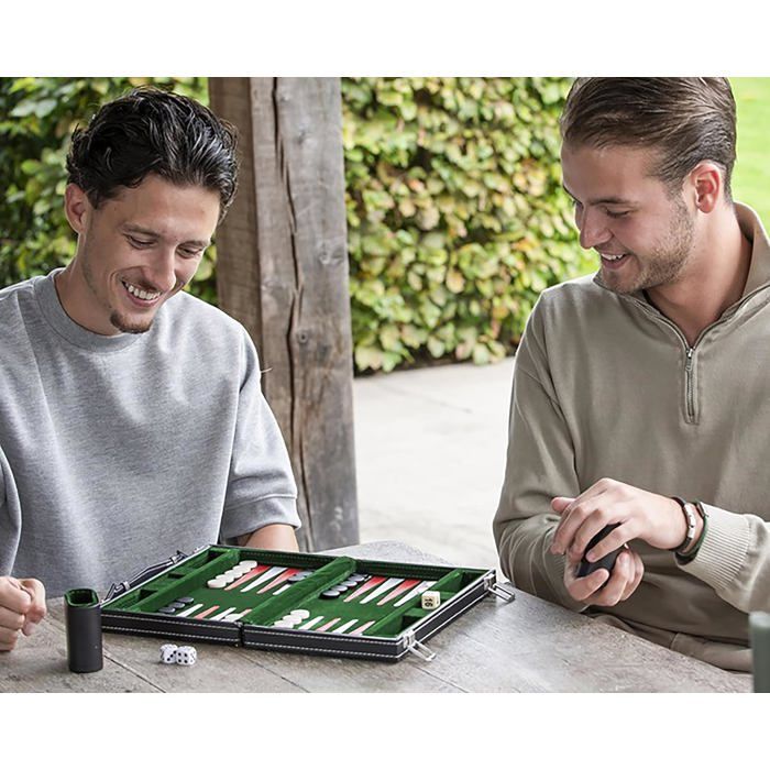 Backgammon de Voyage - ENGELHART - Modèle 11" - Valise en Simili Cuir - Feutres - Vert/Rouge/Blanc
