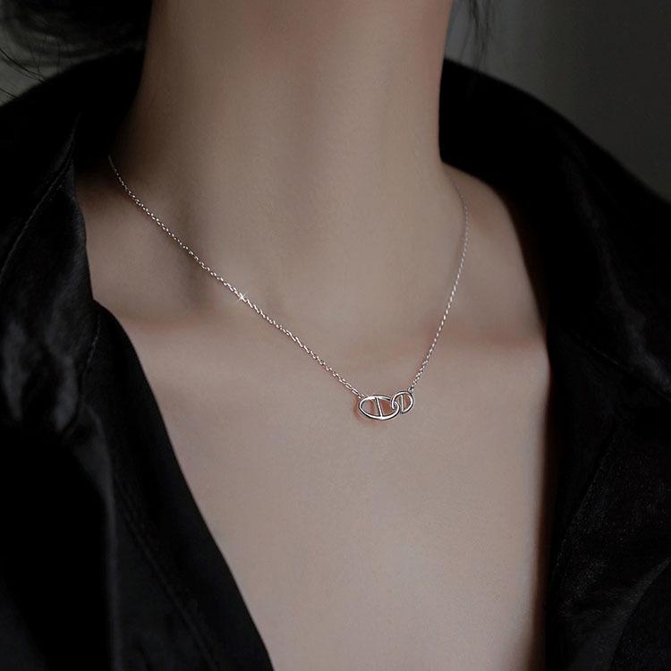 Collier Double Anneau Nez de Cochon en Argent Sterling S925 - Chaîne Clavicule de Luxe Chic pour Femme, Cadeau de Noël Parfait