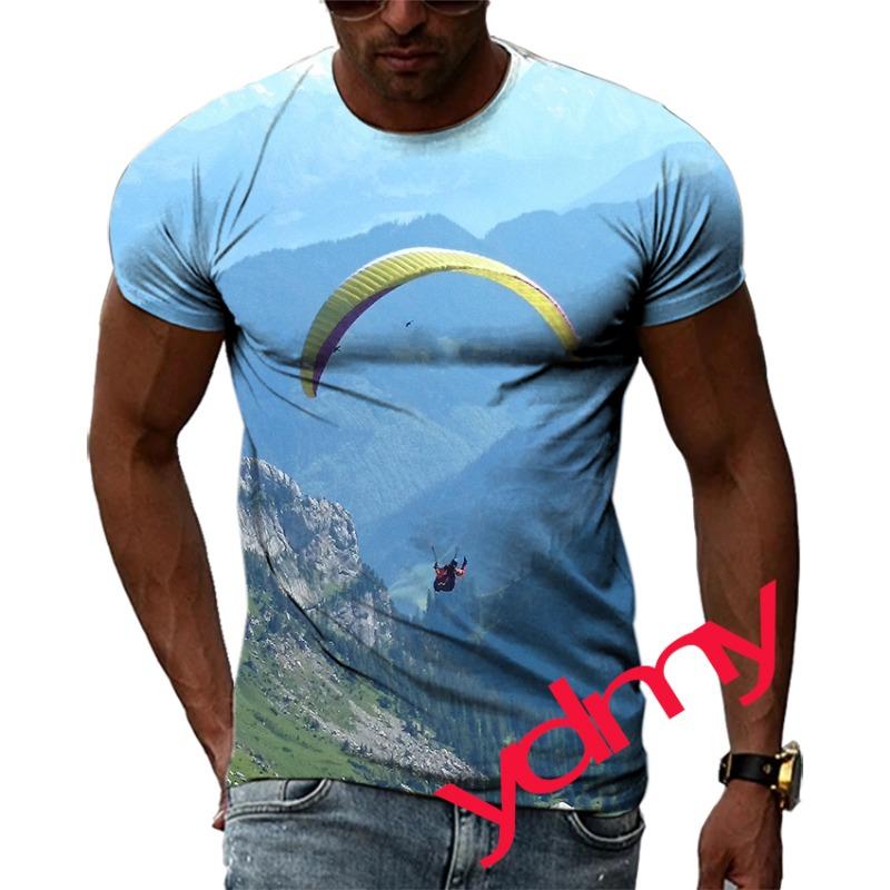 Tide Fashion Summe Parachute Picture Men's T-shirt Casual Print Tees Hip Hop Personality Round Neck Short Sleev Tops