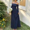 Women's Off-Shoulder Polka Dot Long Sleeve Dress with Waist-Cinching for Vacation