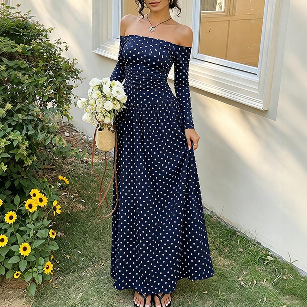 Women's Off-Shoulder Polka Dot Long Sleeve Dress with Waist-Cinching for Vacation