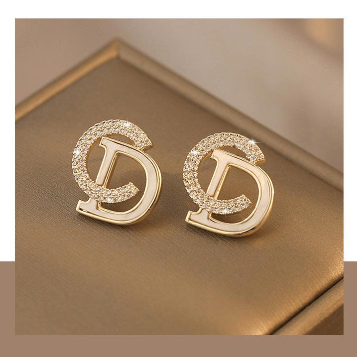 Kolczyki S925 Srebro Perła & Diament Litery - Koreańska Moda Wszechstronne Wkrętki & Wiszące