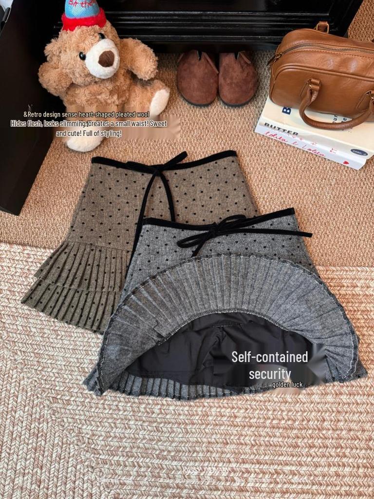 Women's Plus Size Grey Polka Dot Knit Wool A-Line Pleated Short Skirt with High Waist