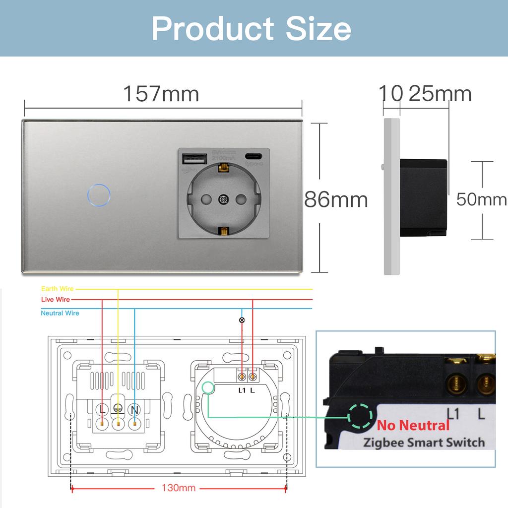 BSEED Zigbee 1/2/3Gang Touch Light Switch 1/2/3Way Sensor Switches With EU Type-c USB Sockets Tuya Smart Life Alexa Control