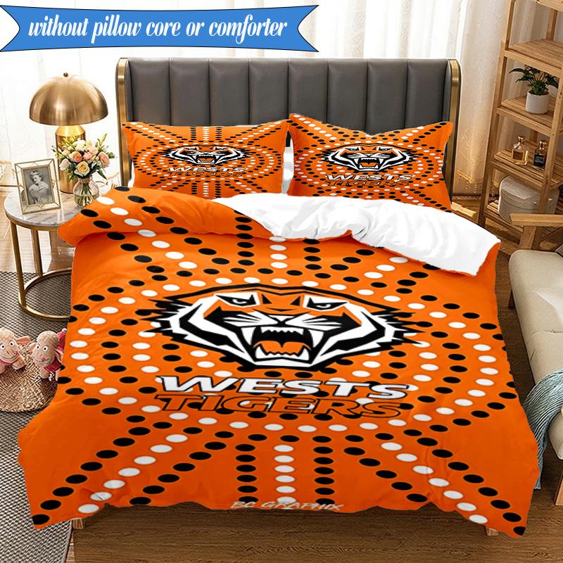 3PCS Wests Tigers Roar Strength And Pride Bedding Set 2D Printing (Includes 1 Duvet Cover + 2 Pillowcases Coreless), Bedroom decor,Fan gift