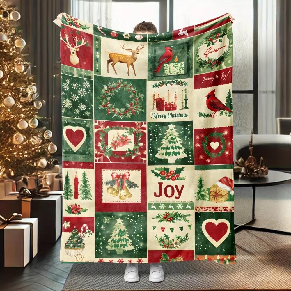 Weihnachts Hirsch Patchwork Decke Flanell Material Gemütlich Weich Grün Rot Design Für Feiertagsdeko
