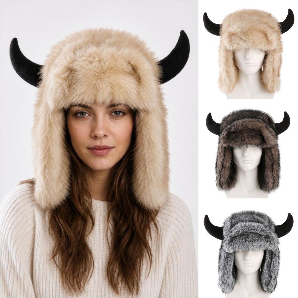 Thick Horn Hat Faux Fur Lined Winter Ski Hat Soft Ear Protection Hat Men