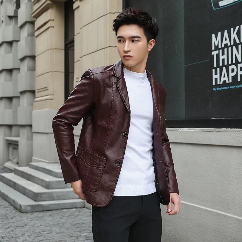 Leather Suit Men's Spring Autumn New Casual Middle-aged Slim Handsome Top PU Leather Jacket Suit