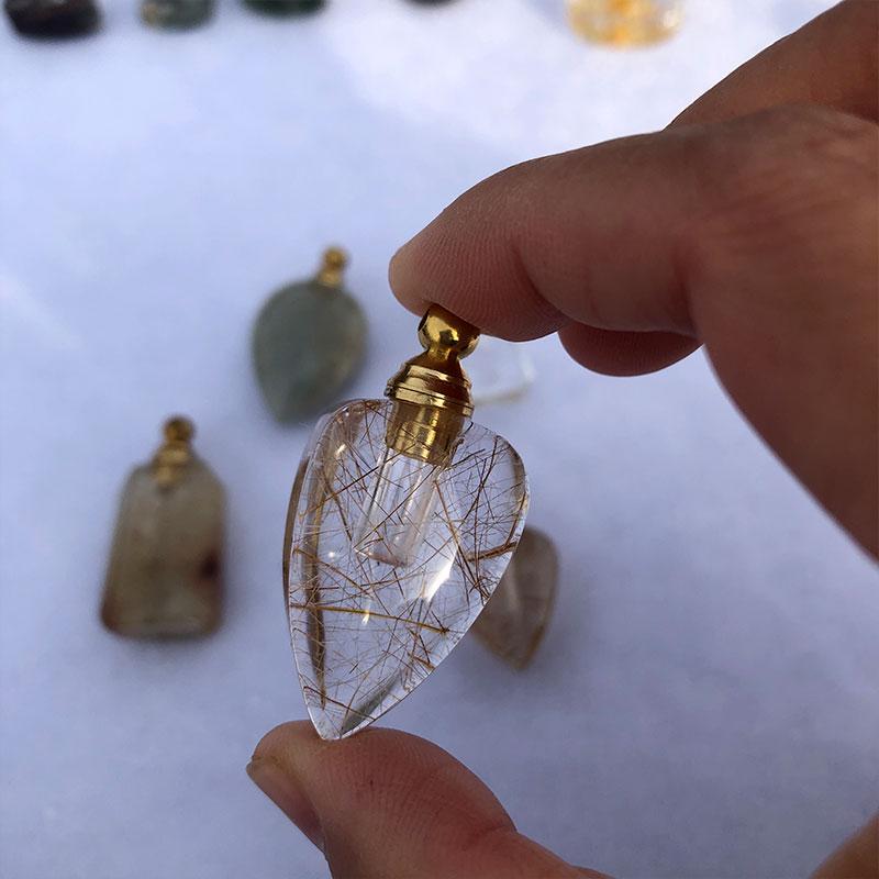 Natural Essential Oil Bottle Rutilated Quartz Gemstone Perfume Bottle Pendant