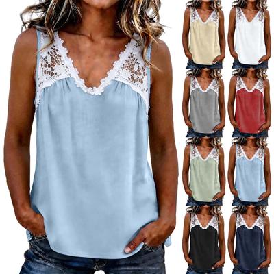 Women Sleeveless Lace Patchwork V Neck Tank Top Casual Loose Fit Blouse Lightweight Soft Fabric Summer Shirt for Daily Wear