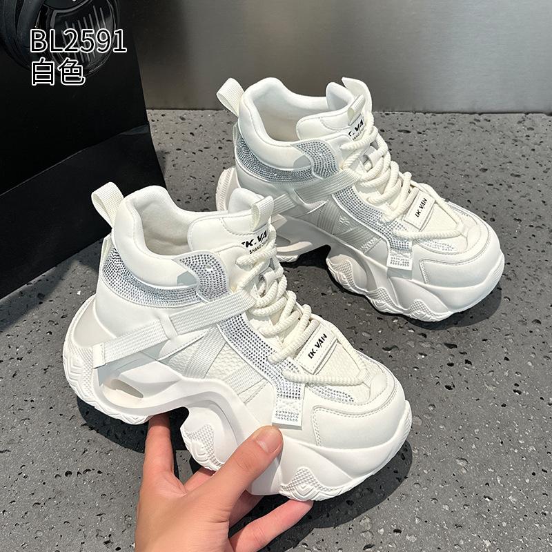 Thick-soled high-top dad shoes New leather rhinestone casual sports shoes in autumn 34 белый