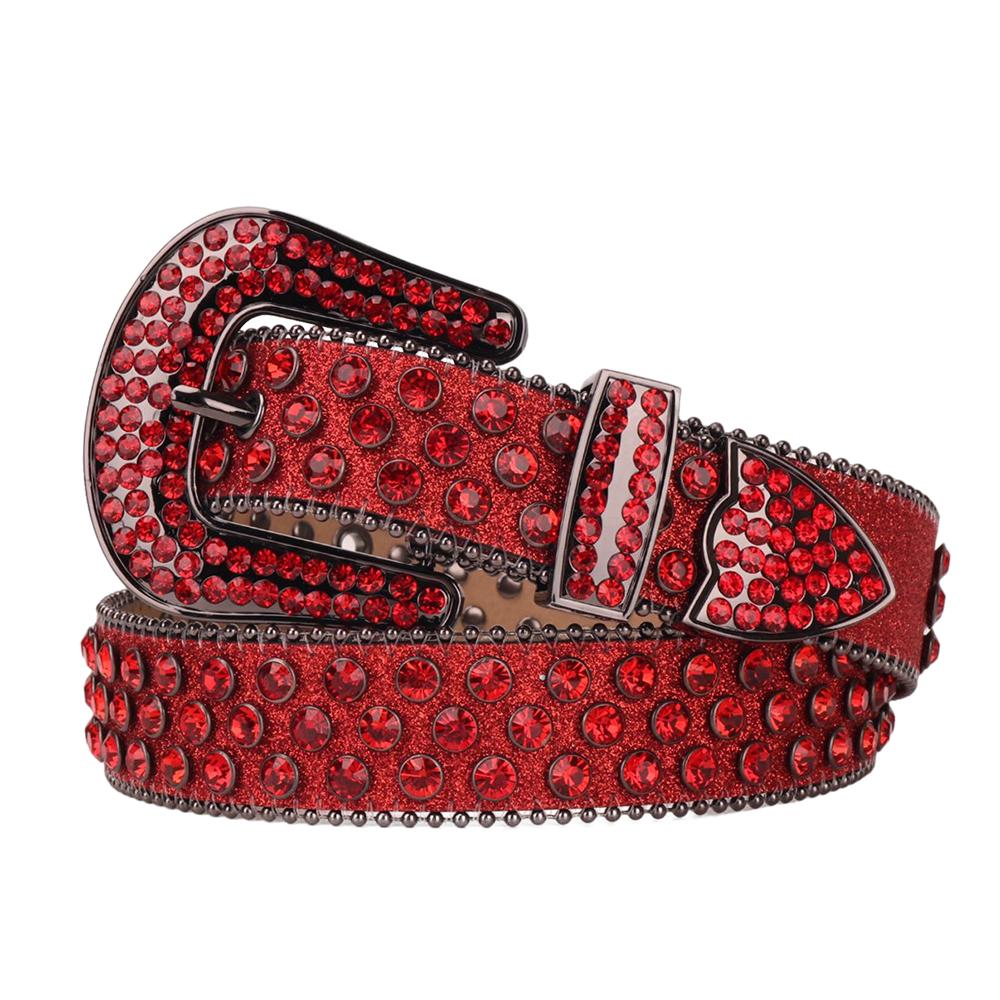 Customized Buckle Logo Red Bridal Rhinestone Belt for Women Western Cowgirl Bling Bling Diamond Studded Leather Belt for Dress