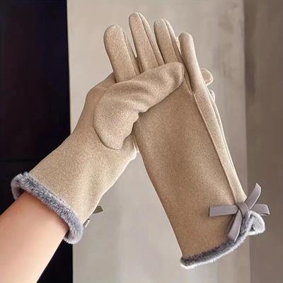 Bow Decor Fuzzy Gloves Elastic Plush Cold-proof Full Finger Gloves For Outdoor Driving Cycling Fishing