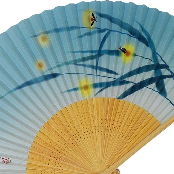 White Medium Emerald Bamboo and Firefly Men's Fan, Bamboo, Carving, Green, Scented, Design, 22.5cm