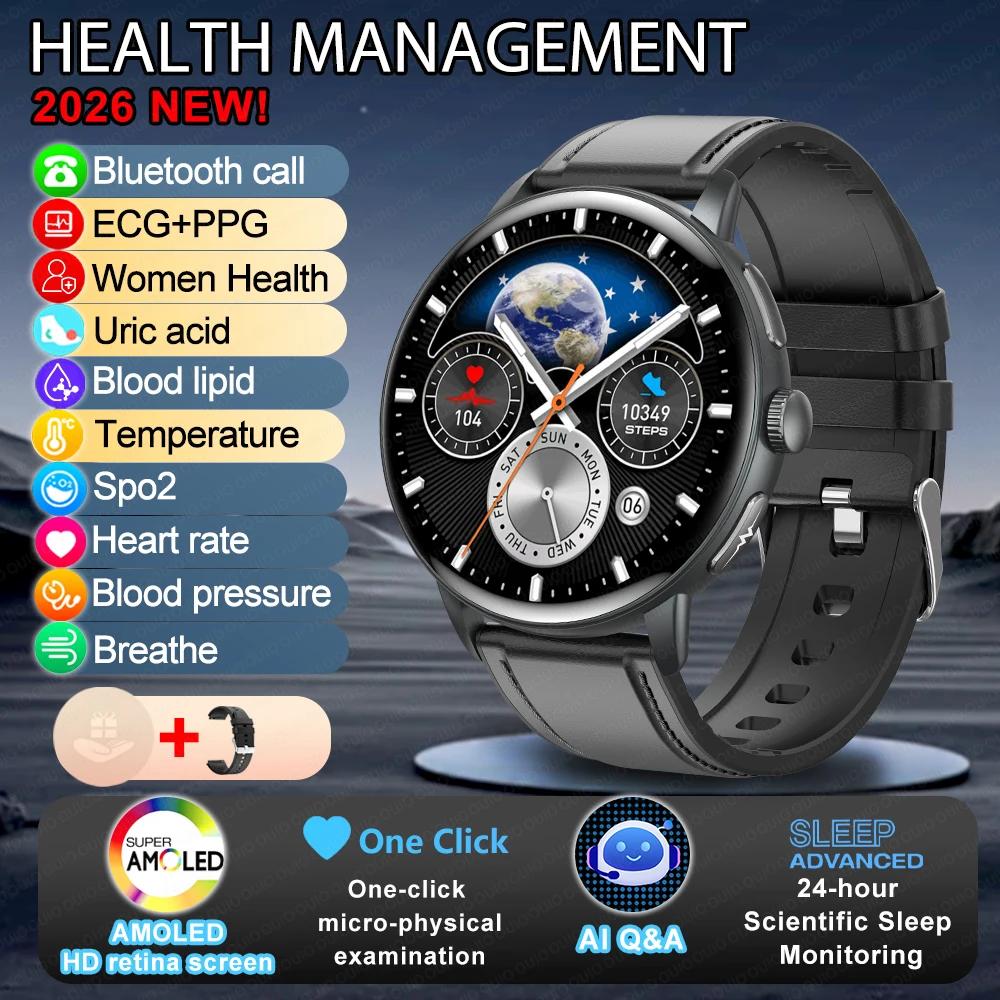2025 New ECG Uric Acid Smart Watch Blood Component Temperature Heart Rate Stress Al Q&A Bluetooth Call Health Monitor Smartwatch