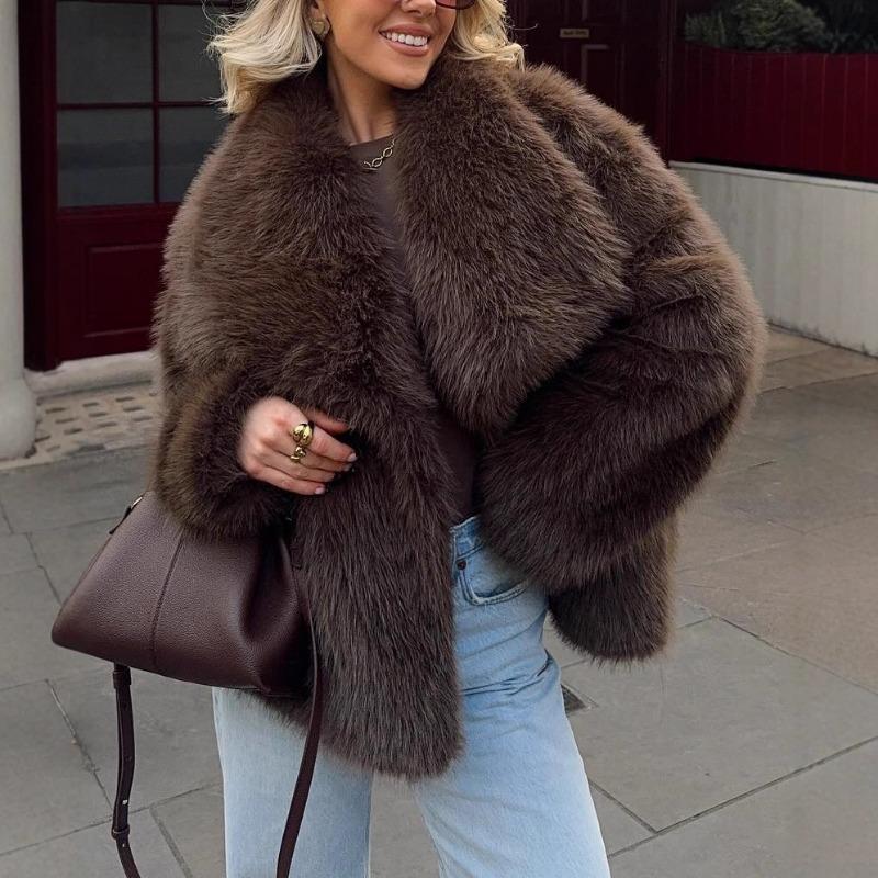 Winter Women s Lapel Shaggy Faux Fur Warm Oversized Short Brown Coat S