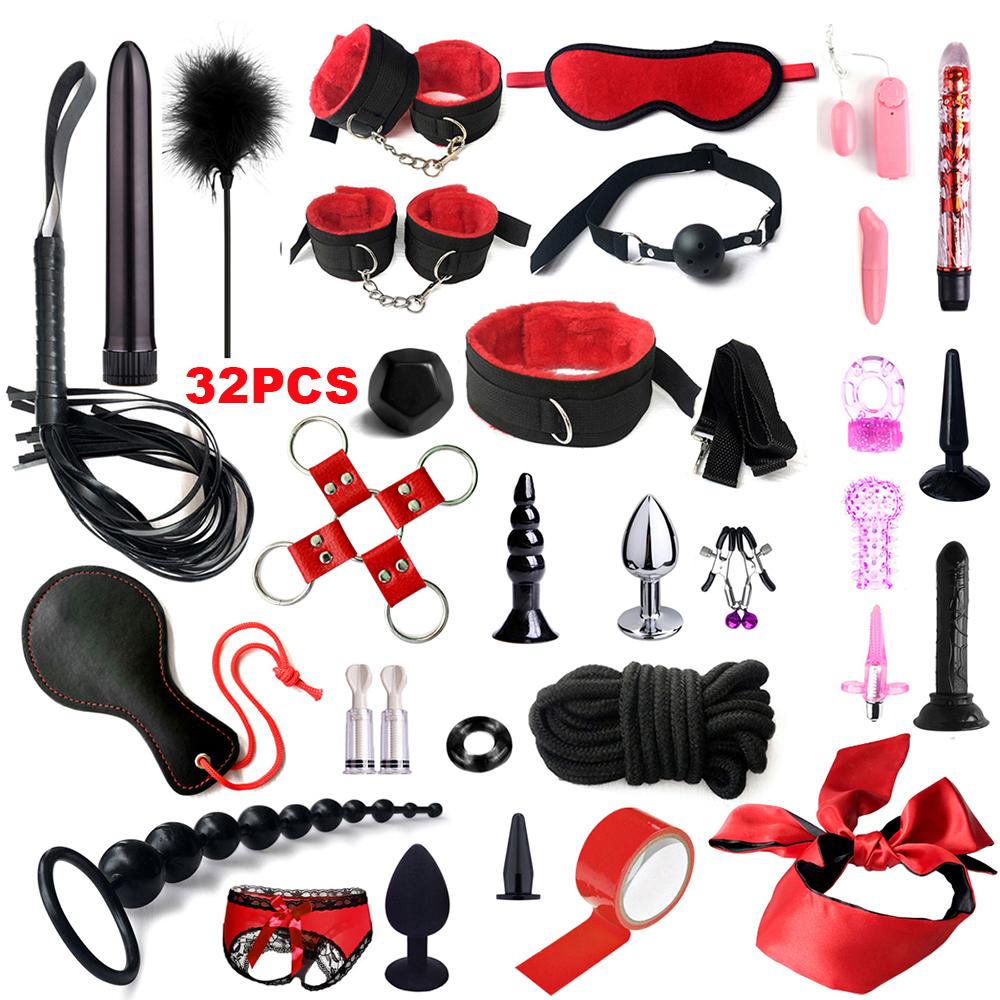 Fetish BDSM Kit Set Sex Toy Handcuffs for Woman Adult Supplies Handcuffs Whip Anal Plug Vibrator Bondage Rope Sexual Sexy Game