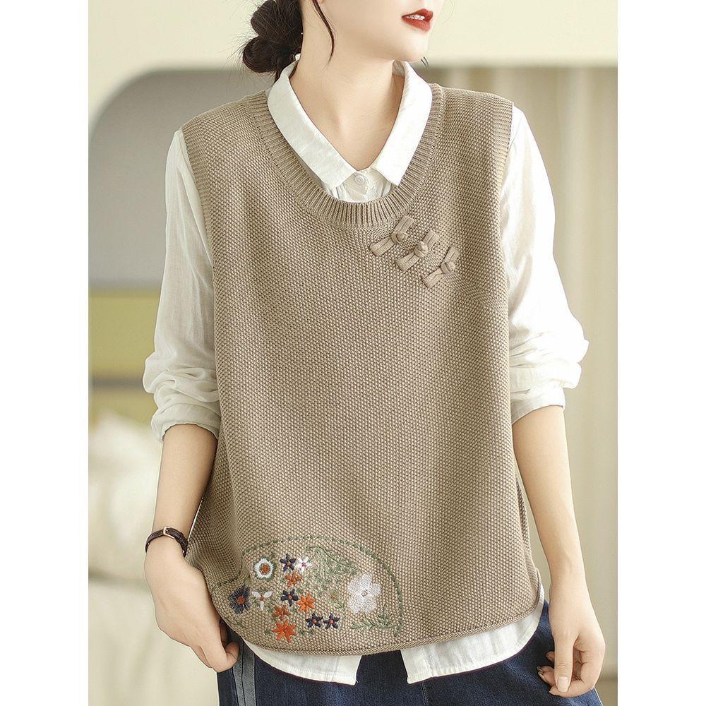 

Женский свитер с круглым вырезом весна-осень без рукавов с вышивкой на пуговицах свободный универсальный трикотажный топ M абрикосовый