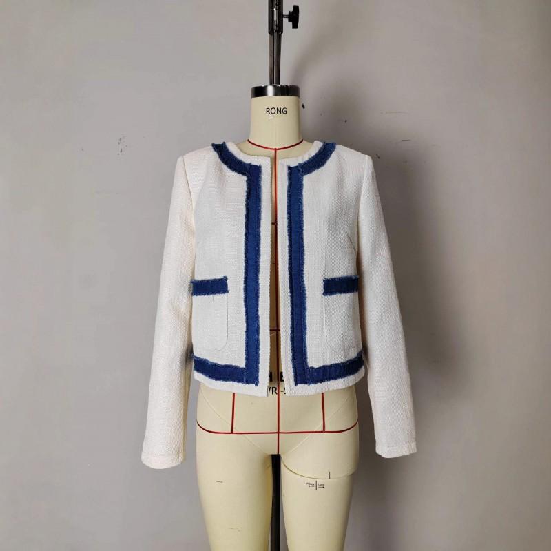 Womens Short Fleece Jacket - Vintage Raw Edge Round Neck Button Detail Lightweight