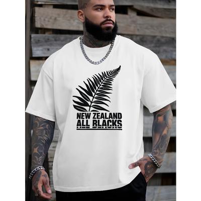 Europäische Größen Herren T-Shirt mit All Blacks Muster - Rotes Farn Design, Atmungsaktiv und Locker geschnitten, Geeignet für Sommer Sportarten von Rugby Fans
