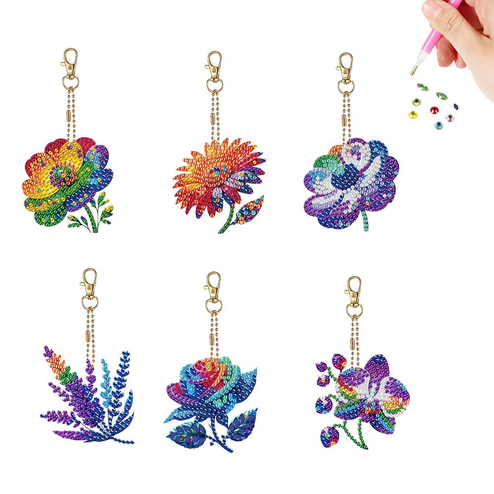 6PCS 2D Flat DIY Diamond Painting Keychain Double Sided Drill Small Crystal Painting Keyrings Diamond Art Kits Gift for Friends