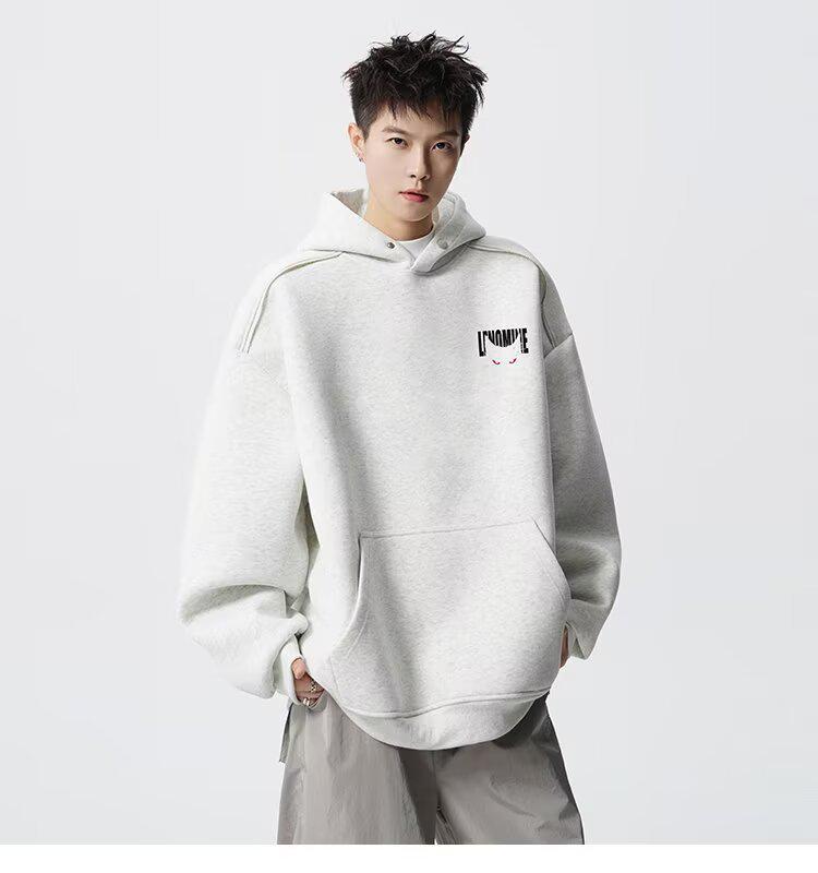 Men's Autumn Black Demon Cat Print Heavyweight Loose Fit Hoodie