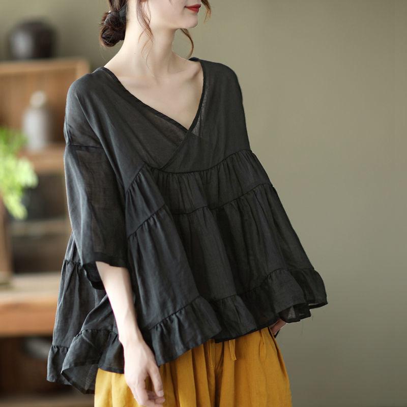 

Летняя рубашка из чистого хлопка с милой строчкой в ​​стиле ретро, ​​свободная рубашка с v-образным вырезом большого размера, женская рубашка из искусственного хлопка и льна S